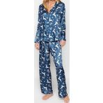 Tarz Rahat Uzun Kollu Boru Paça Lacivert- Yılbaşı Temalı Saten Gömlek-Pantolon Dokuma Pijama Takımı