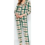 Tarz Rahat Uzun Kollu Boru Paça Nakışlı Ekoseli Polar Kışlık Örme Pijama Takımı