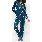 Tarz Rahat Uzun Kollu Boru Paça Penguen Desenli Polar Kışlık Örme Pijama Takımı