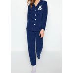 Tarz Rahat Uzun Kollu Boru Paça Puantiyeli Hayvan Baskılı Polar Kışlık Örme Pijama Takımı