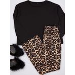 Tarz Rahat Uzun Kollu Geniş Paça %100 Pamuklu Leopar Desenli Örme Pijama Takımı