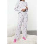 Tarz Rahat Uzun Kollu Geniş Paça Kalpli Baskılı Lastikli Örme Pijama Takımı