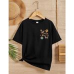 Tarz Yeri Kız Çocuk Bisiklet Yaka Baskılı T-Shirt - Siyah - 7 - 9 Yaş