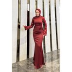 Tarzım Tuba Eftal Zara Saten Kumaş Drapeli Bordo Tesettür Abiye Elbise