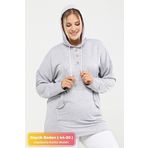 tarzımsüper Kadın Büyük Beden Kapüşonlu Kanguru Cepli Likralı Düğme Detaylı Uzun Hoodie Sweatshirt Gri