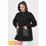 tarzımsüper Kadın Büyük Beden Siyah Kapüşonlu Parlak Pul Detaylı Fermuarlı Cepli Rahat Kalıp Şık Sweatshirt
