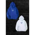 Tarzsokak Kadın Erkek Mavi Beyaz Kalp Baskılı Sevgili Çift Kombini 2' Li Set Kapüşonlu Sweatshirt TYC58URNQN170517245869359