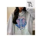 Tarzsokak Tarzsokak-unisex-oversize-kalıp-20164 İskelet Kalp Sweatshirt Fermuarlı Hırka Gri