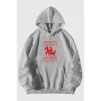 Tarzsokak Tarzsokak-unisex-oversize-kalıp-20249 Unisex Yılbaşı Noel Baba Geyikleri Baskılı Kanguru Cepli Kapüşonlu Sweatshirt Sweat Gri