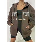 Tarzsokak Tarzsokaksweat-s-15544 Unisex Kahverengi Newyork Baskılı Oversize Hırka Newyork2022 Kahverengi
