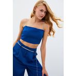 Taş Askılı Saten Crop Bluz - Mavi