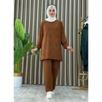 Taş Baskı Desenli Tunik Pantolon Ikili Takım - Kahve - 2