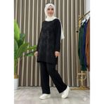 Taş Baskı Desenli Tunik Pantolon Ikili Takım - Siyah - 1