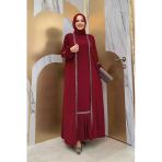Taş Detaylı Abaya Sıfır Kol Elbise Takım 3657 Bordo