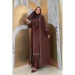 Taş Detaylı Abaya Sıfır Kol Elbise Takım 3657 Kahverengi