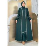 Taş Detaylı Abaya Sıfır Kol Elbise Takım 3657 Zümrüt