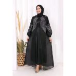 Taş Detaylı Elbise Abaya Takım 3943 Siyah