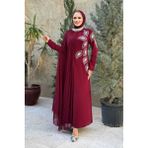 Taş Detaylı Pelerinli Elbise 3938 Bordo - 40