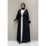 Taş İşleme Detaylı Kuşaklı Elbiseli Abaya Takım 3860 Siyah