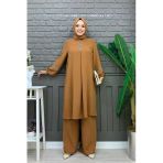 Taş İşleme Detaylı Pantolonlu Tunik Takım 8464 Taba