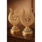 Taş İşlemeli Gold Biblo Allah & Muhammed (S.a.v) Lale Figürlü Taşlı Masa Üstü Biblo 2’Li Set 22 Cm Vitrin