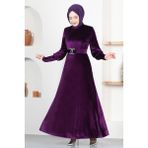 Taş Tokalı Kadife Abiye Elbise 2414 - 38 - Mürdüm
