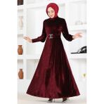 Taş Tokalı Kadife Abiye Elbise 2414 - 46 - Bordo
