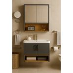 Tasarım Legna 80 cm Antrasit & Ahşap Banyo Dolabı Takımı – Alt ve Üst Dolap (Lavabo Dahil)