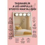 Taşınabilir 4 LED Ampullü Kablosuz Makyaj Işığı, Banyo ve Stüdyo Aydınlatması - Açık Beyaz - Gri