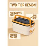 Taşınabilir Yemek Kabı 2 Katlı Lunch Box Diyet Beslenme Kutusu Saklama Kabı Çatal Kaşıklı Sefer Tası Beyaz - Sarı