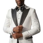 Taşlı beyaz Smokin Erkek Takım Elbise, Slim Fit, Blazer Ceket, Pantolon, Papyon, Beden 46 Suit