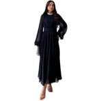 Taşlı Fırfır Detaylı, Uzun Kollu, Oversize Kalıp, Bisiklet Yakalı, 36-46 Beden Şifon Elbise (Standart, Lacivert, 44)