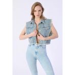 Taşlı Sıfır Kol Püsküllü Denim Ceket - Açık Mavi - 36