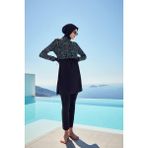 Tatil Tema Desenli Siyah Yeşil Jileli 5 Parça Tesettür Mayo Takımı - Siyah - Yeşil - 3XL
