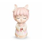 Tavşan Kulaklı Pembe Saçlı Çiçek Tutan Mini Kız Figürü, Reçine Masaüstü Dekor Süsü, 8 cm