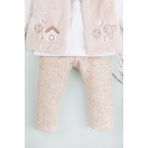 Tavşan Nakışlı Peluş Yelekli Beli Lastikli Triko Pantolon Kız Bebek 3'lü Takım - 2 - 3 Yaş - Bej