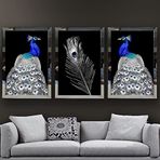 Tavus Kuşu Temalı Aynalı Çerçeveli 3 lü Kanvas Tablo Seti 150x70 cm SETS0016