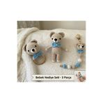 Taze Kal Yenidoğan Hediye Seti - %100 Organik İpten El Örgüsü Amigurumi 3 'lü Ayıcık Bebek Hediye Seti