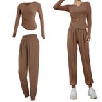 Tc54014 Kadınlar İçin Siyah Aktif Giyim Setleri, 2 Parça Xxl Eşofman, Yumuşak Polyester-Spandex Karışımı, Pilates ve Günlük Kullanım İçin Tüm Gün Fit, kahverengi, XXL