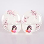 Tebak Collection 2 Kişilik Kokeshi Bebekleri Koyu Pembe Desenli Porselen Türk Kahve Fincan Takımı