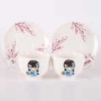 Tebak Collection 2 Kişilik Kokeshi Bebekleri Mavi Desenli Porselen Türk Kahve Fincan Takımı