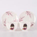 Tebak Collection 2 Kişilik Kokeshi Bebekleri Mor Desenli Porselen Türk Kahve Fincan Takımı