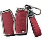 TECART Flip Metal Anahtarlık Kapağı Ford Smart Uzaktan Araba Anahtarı Kılıfı Aksesuarları EcoSport Fiesta Focus Galaxy Mondeo S-Max Katlanır Deri Akıllı Anahtar Kapağı 3 Düğmeli Kırmızı