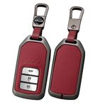TECART Honda için deri anahtarlık kapağı anahtarlık aksesuarları Fit Accord Civic Pilot CRV HRV Metal anahtar durumda akıllı anahtar kapağı, Kısa-kırmızı