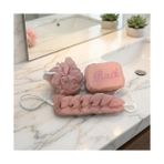 Tech Butiq 4 Parça Şeffaf Makyaj ve Banyo Çantası Seti - Pembe Banyo Lifi, Sırt Kesesi ve Mikrofiber El Havlusu - Su Geçirmez Seyahat Tipi Kozmetik Organizeri - Option-1 - 001-Renkli