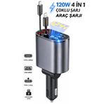 Tech&bello accessories 4 İN 1 120W Hızlı Araç Şarjı Type-c Ve Lightning Çıkış Type-c Ve Usb Giriş Dijital Göstergeli