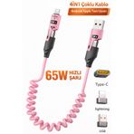 Tech&bello accessories 65W 4İN1 Çoklu Spiral İphone Android Hızlı Şarj Ve Data Kablosu 1m Pd Usb Type-c Lightning Örgülü