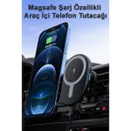 Tech&bello accessories Tech&bello Araç İçi Telefon Tutucu MagSafe Şarj Özellikli 15W Klipsli iPhone Android Uyumlu - Siyah