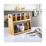 Techbutiq Store 8 Parça Borosilikat Cam Baharatlık Seti (700 Ml) - Paslanmaz Çelik Kapaklı ve Bambu Kapak Sçenekli 2 Katlı Bambu Standlı Tezgah Üstü Erzak Kabı ve Mutfak Düzenleyici Organizer (Bambu Kapak) - 0 Siyah - Option-1
