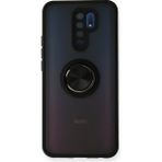Techno Guru Redmi 9 Kılıf Arkası Buz Tasarımlı ve Yüzüklü Kenarları Renkli Şık Montreal Yüzüklü Silikon Kapak - Siyah